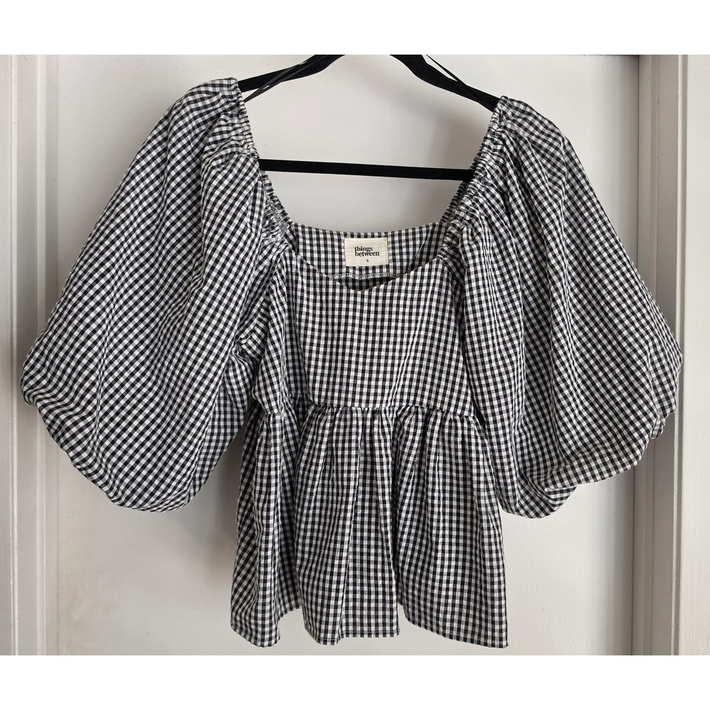 Things Between Women's Blouse Size S Black White Gingham Cotton Blend